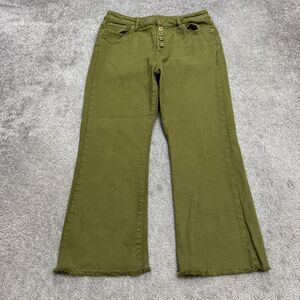 Michael Kors Crop Flare Denim Jeans Womens 10 Green Button Fly Raw Fray Hem Fit
